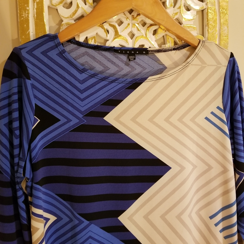 Tiana B. Shift Dress Geometric Stripe Design Blue Cream Nude - Picture 3 of 12